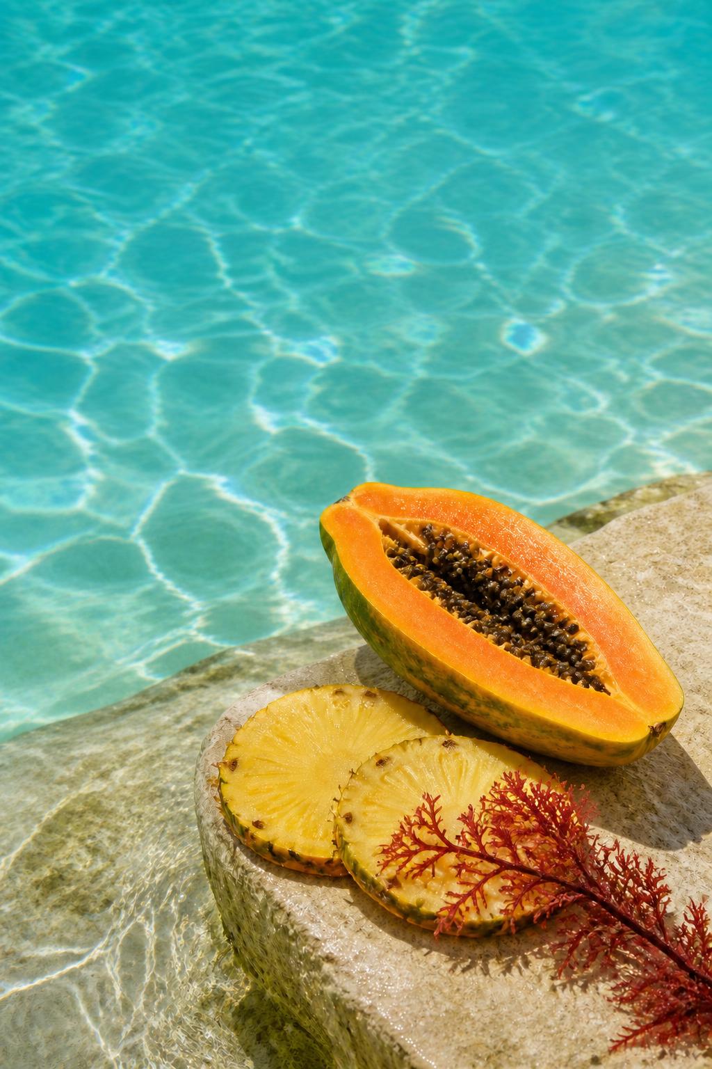Papaya, pineapple slices and red algae beside turquoise sea water